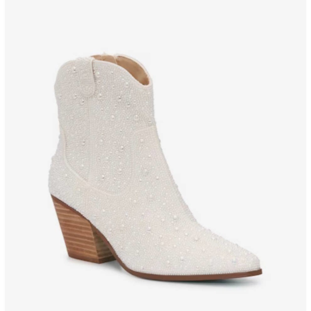Betsey Johnson Cream Pearl-Embellished Western Ankle Boots